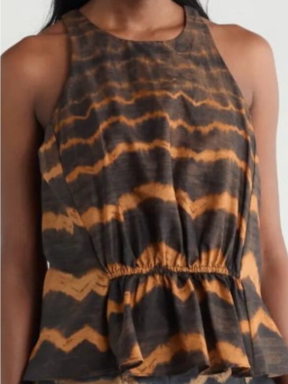 DKNY Black and Orange Tie-Dye Peplum Tank Top